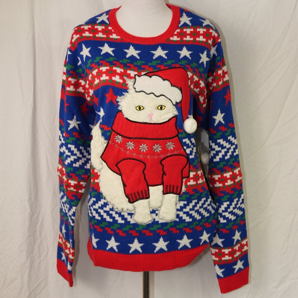 NWT Unisex XL Ugly Christmas Sweater Santa Cat 100% Acrylic Warm